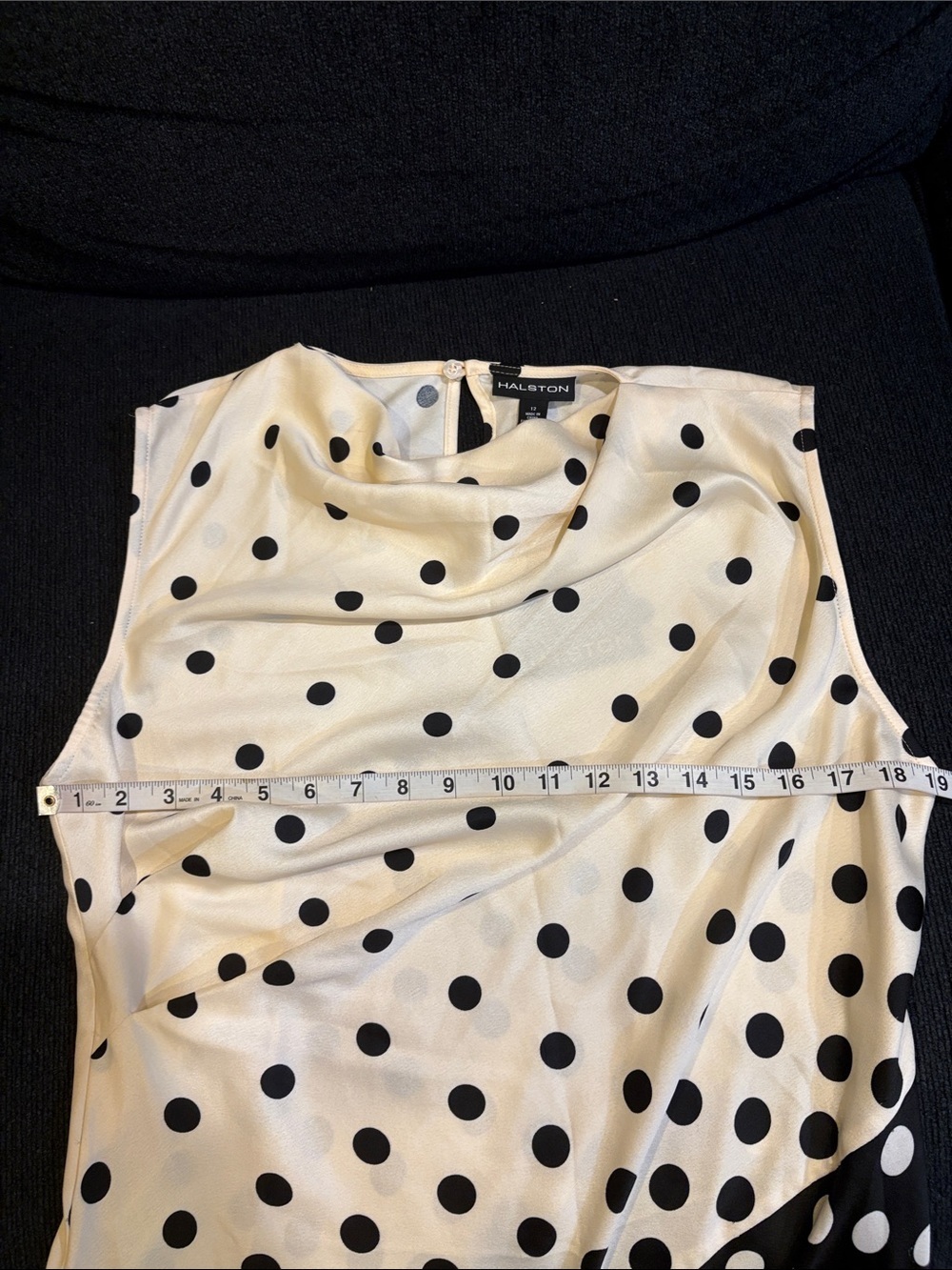 Halston Heritage Black and Cream Polka Dot Draped Midi Dress-Size 12 - Picture 8 of 12